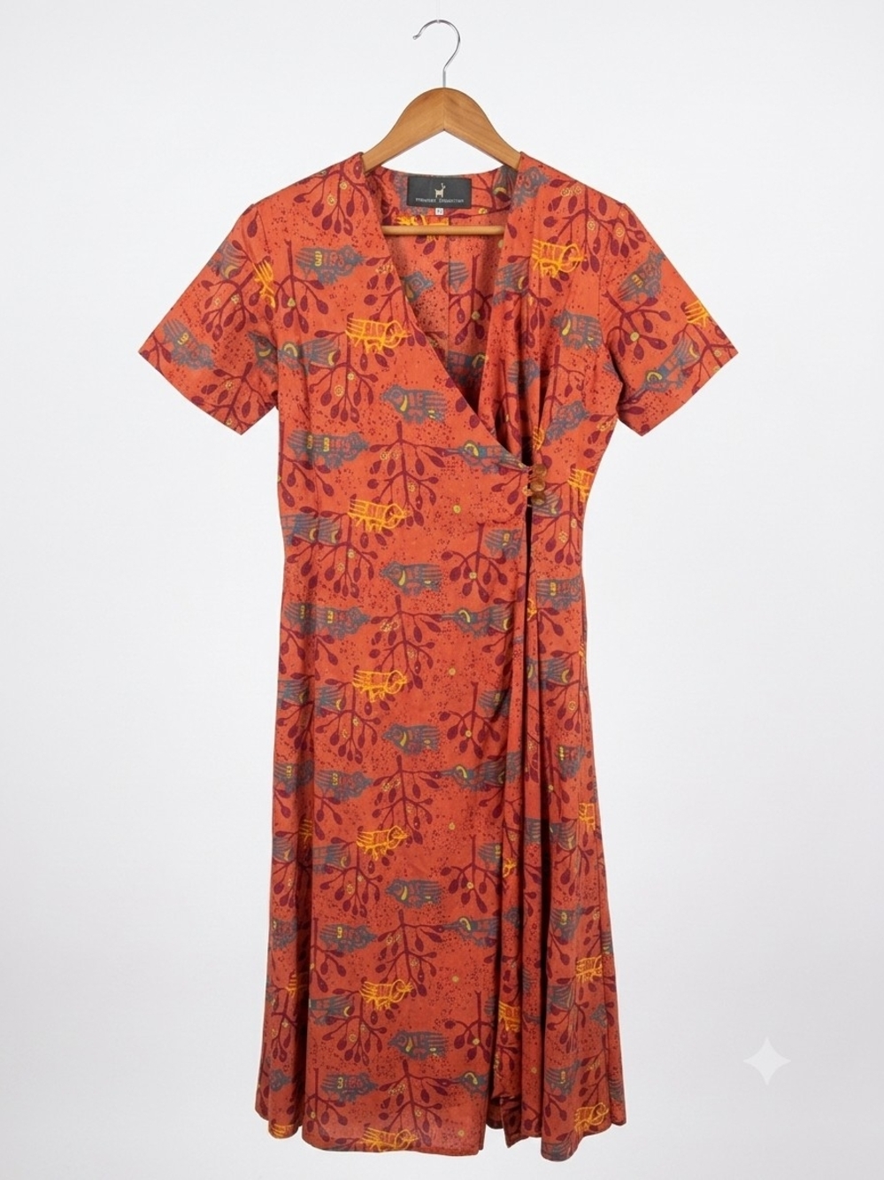Peruvian Connection 100% Pima Cotton Terracotta Bird Print Wrap Dress Large